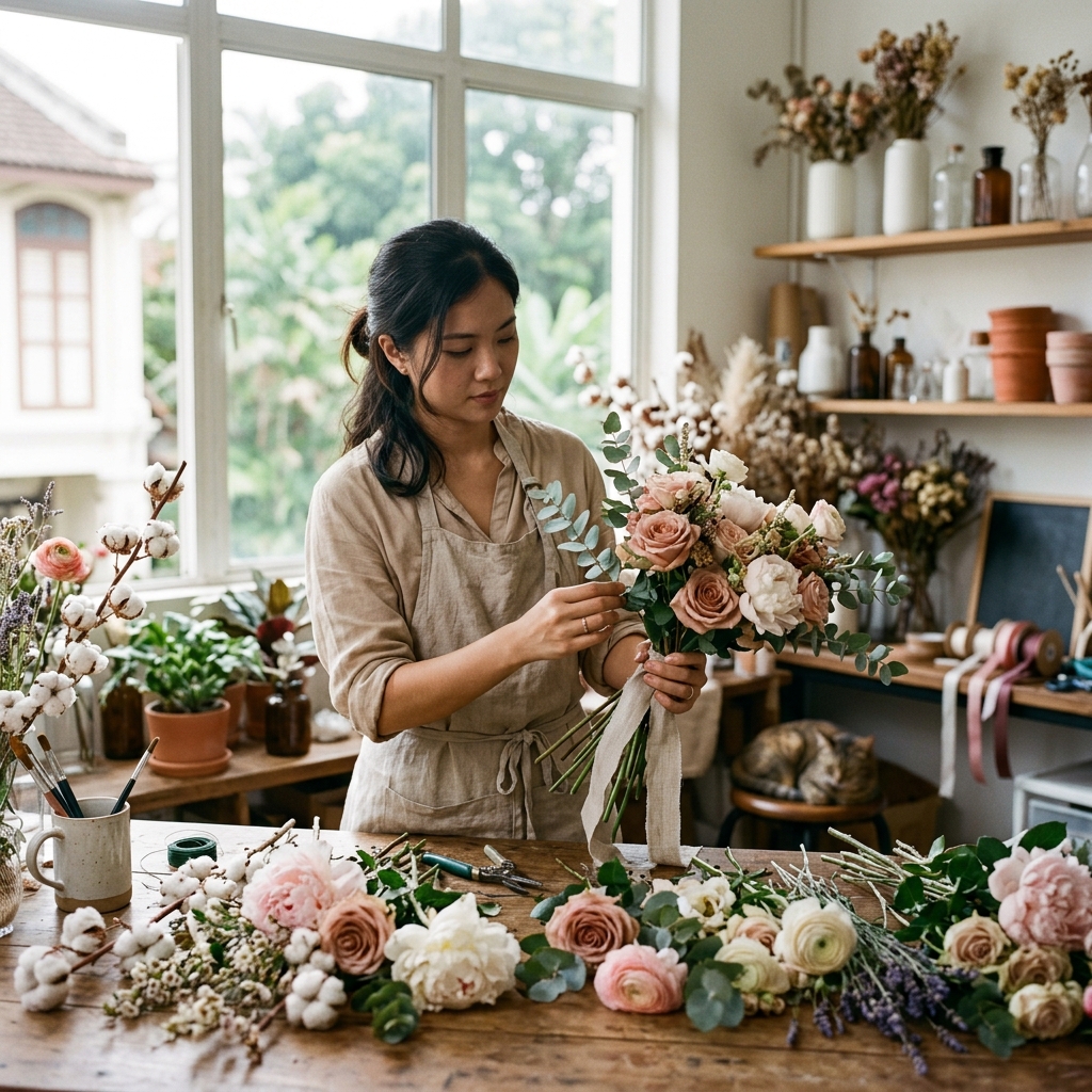 Florist arranging flowers at the Petal and Vine worktable